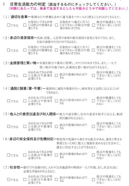 日常生活能力の判定(精神の診断書より抜粋)
